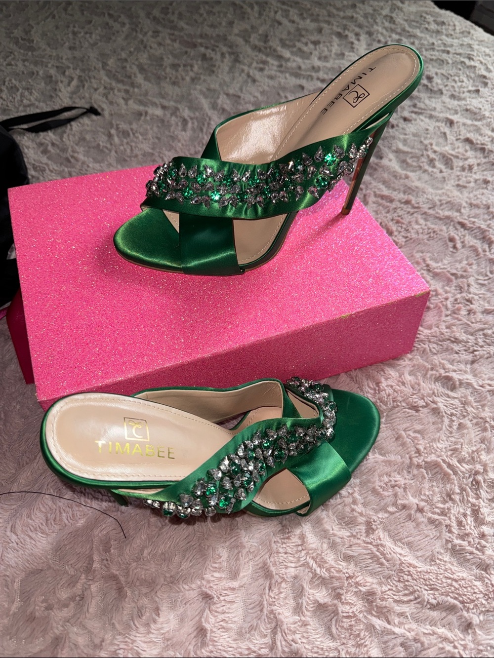 Timabee Green Crystal-Embellished Satin Slide Mules